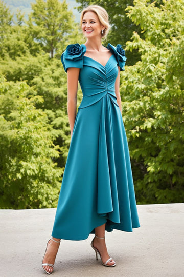 Blue A Line Midi Mother of the Bride Dress with 3D Flowers